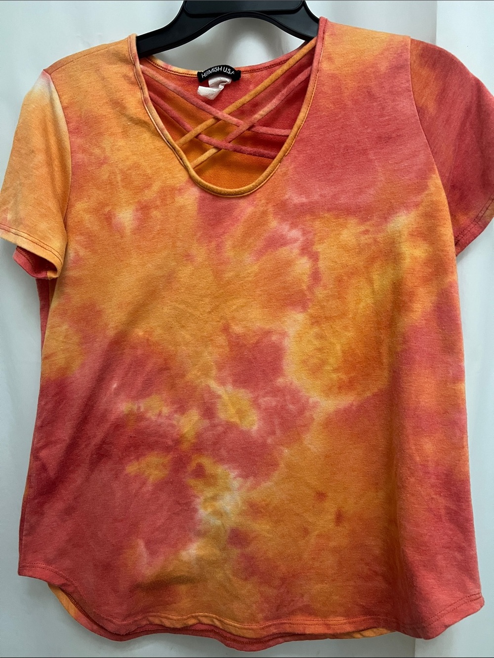 HEIMISH USA Orange and Pink Tie-Dye Crisscross Short Sleeve Tee